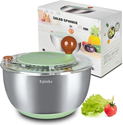 5.3Qt Stainless Steel Salad Spinner with Stop Button, Vegetable Dryer Spinner, Salad Spinner Stainless Steel with Drain, Non-Slip Base, Dishwasher Safe