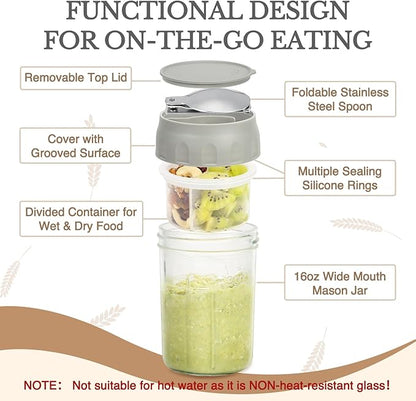 SOLIGT Overnight Oats Containers with Lids, Folding Spoons and Divided Compartment for Fruit & Nuts, Small Glass 16oz Mason Jars for Oatmeal Yogurt Parfait (2 Set-Smoke Gray/Oat White)
