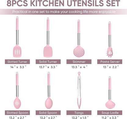TeamFar Kitchen Utensils Set of 8, Silicone Utensils Kitchen Tools Set with Stainless Steel Handle, for Frying Serving Flipping Draining, Non-toxic & Heatproof, Nonstick & Dishwasher Safe - Pink