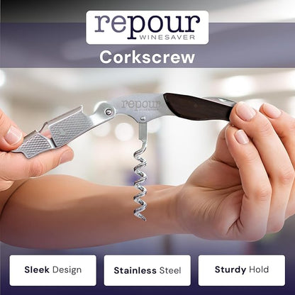 Repour 3 in 1 Corkscrew- Professional Wine Bottle Opener with Serrated Foil Cutter and Bottle Opener- Manual Wine Key for Bartenders, Servers, Waiters, and Wine Enthusiasts (Mahogany)