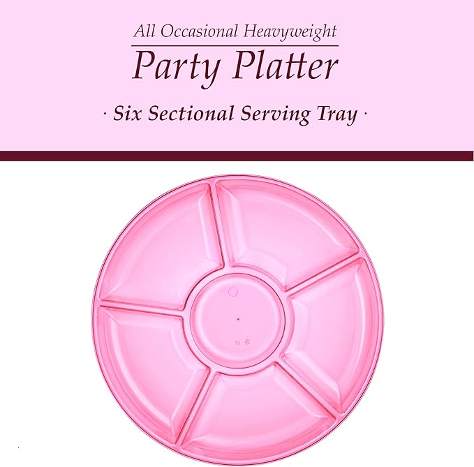 Plasticpro 6 Sectional Round Plastic Serving Tray/Platters Pink Pack of 2
