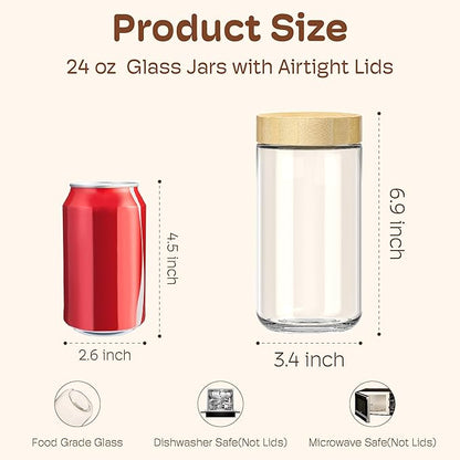6 pack 24oz Overnight Oats Containers with Bamboo Lids, Glass Jars with Airtight Lids for Meal Prep, Wide Mouth Mason Salad Jars, Glass Food Storage Container for Yogurt Chia Snacks Spice Sugar