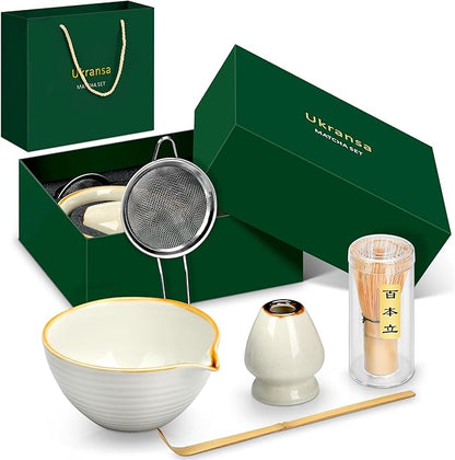 Matcha Whisk Set, 5-Piece Complete Matcha Kit with Traditional Ceramic Bowl, Bamboo Whisk, Scoop, Sifter, Holder, Authentic Beginners and Enthusiasts, Ideal Matcha Gift Set in Jade Green