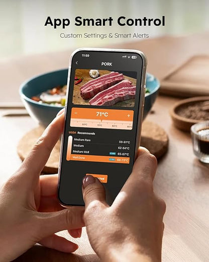 Wireless Meat Thermometer with App Control, 600FT Bluetooth Range, 6 Sensors, 0.5S Instant Read, LCD Display, IP67 Waterproof Real-Time Monitoring & Smart Alerts for BBQ, Grill, Oven