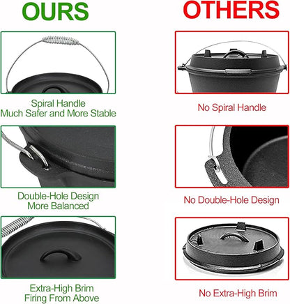 8 Piece Pre-Seasoned Dutch Oven Cooking Set Cast Iron Camping Kitchen Cookware Bakeware Skillets & Square Grill Pan w/Vintage Carrying Wood Box for Ourdoor Home BBQ Baking