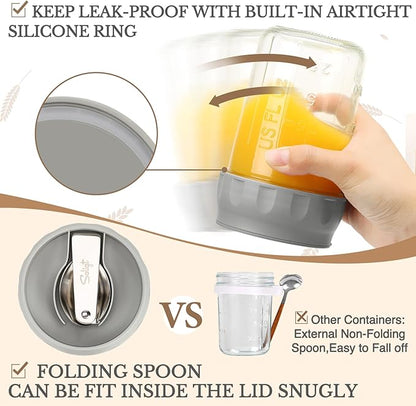 SOLIGT 2 Pack Overnight Oats Containers with Lids, Folding Spoons and Divided Compartments for Fruit & Nuts, Small Glass 16oz Mason Jars for Oatmeal Yogurt Parfait