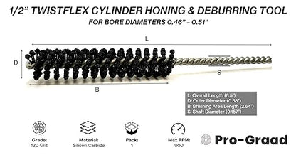 TwistFlex 1/2" 120SC Cylinder Hone | 0.5” (12.7mm) Flexible Cylinder Honing & Deburring Tool for Hole Diameters 0.46"- 0.51" | Silicon Carbide 120 Grit | Pack of 1