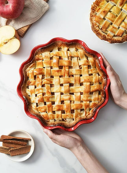 LE TAUCI Ceramic Pie Pans for Baking, 11 Inches Deep Dish Pie Plate for Apple Pie, 48 Ounce Baking Dish with Ruffled Edge, Set of 2, Red