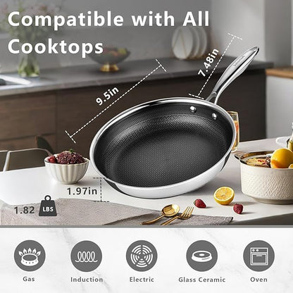 9.5" Non Stick Frying Pans, Stainless Steel Pan, Ceramic Skillet with Stay-Cool Handle, Non Toxic, PFAS PFOA PTFE Free, Dishwasher Safe, Induction, Compatible with All Cooktops