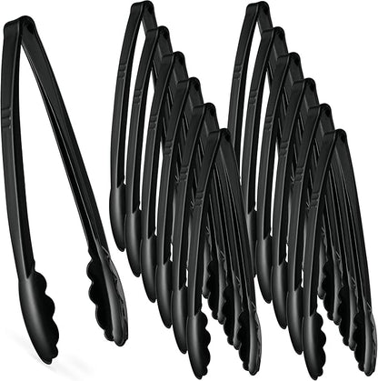 [Black Tongs 12'' Inches] Plasticpro 12'' Serving Tongs Heavy Duty Reusable Kitchen and BBQ Black Serving Tongs for party's, Caterings, Events, Buffet, Weddings, And every Day use Pack of 12