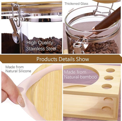 Glass Coffee Storage Containers with Bamboo Shelf,Ground Coffee Holder Jars,Airtight Glass Countertop Storage Jar Canisters with Spoon for Coffee,Loose Tea,40 Fluid-oz,Pack of 3