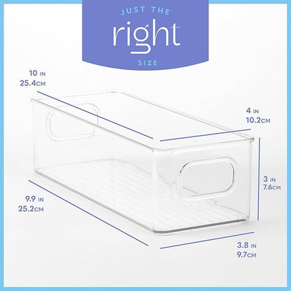 Plastic Food Storage Clear Container Bin with Handles for Organizing Kitchen, Pantry, Refrigerator, Freezer, Pantry, Cabinet, Closet, Bathroom. Stackable 10"X4"3"