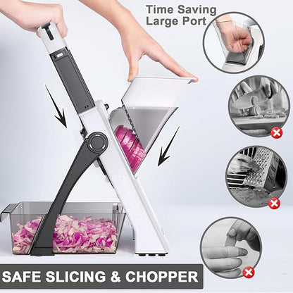Upgrade Safe Mandoline Slicer for Kitchen, Vegetable Chopper Slicer, Potato Slicer Thickness Adjuster, French Fry Cutter, Veggie Onion Dicer Faster Kitchen Mandolin for Meal Prep (White)