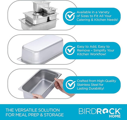 BIRDROCK HOME Stainless Steel Steam Table Pan - Hotel, Restaurant & Catering Supplies - 24 Gauge Steel, 4.1 qt Capacity - Meal Prep, Cooking, &Food Storage Container - 4" Depth, 1/3-Size (6 Pack)