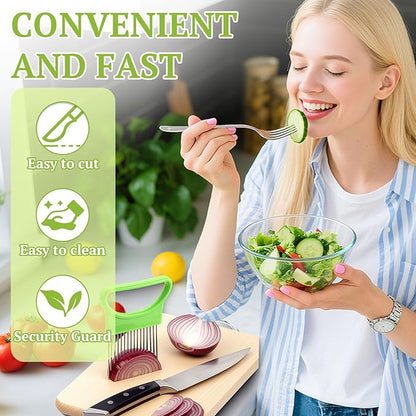 FANTEXY 3Pieces Onion Holder for Slicing, Stainless Steel Onion Cutter for Slicing, Potato Lemon Slicer Tomato Slicers Kitchen Comb for Vegetables, Fruit and Meat