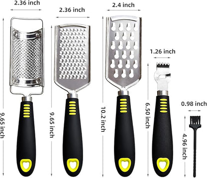 5 Pcs Stainless Steel Cheese Grater with Handle, Handheld Lemon Zester Grater with Handle, Hand Graters for Kitchen Graters & Peeler & Slicer, for Vegetable Fruit Kitchen Aid, with 1 Brush & 1 Box