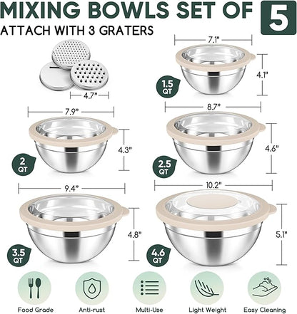 Herogo 5-Piece Mixing Bowls with Airtight Clear Lids, 3 Grater Attachments, Stainless Steel Salad Bowls for Kitchen, Size 4.6, 3.5, 2.5, 2, 1.5QT Ideal for Baking, Prepping and Serving, Khaki