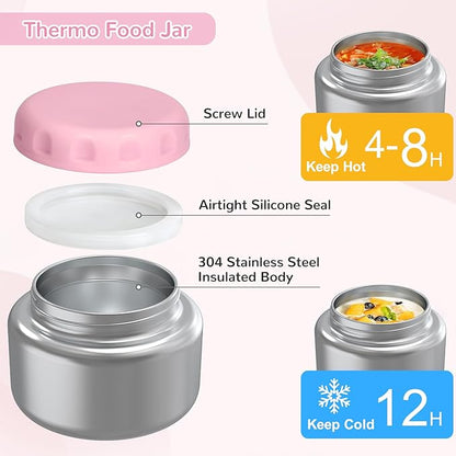 Bento Lunch Box for Kids with 12oz Soup Thermo,4 Compartments Lunch Box Containers Kids, Includes Foldable Spoon &Sauce Jar, BPA Free&Leak proof,Insulated Food Jar for Travel,School (Pink)