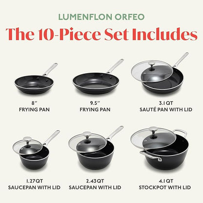Orfeo 10 Piece Nonstick Cookware Set, Made in Italy, Diamond Ceramic PFAS-Free Pots & Pans, Induction Ready, Scratch Resistant, Laser-Fused Surface for Durability, Dishwasher Safe, Black