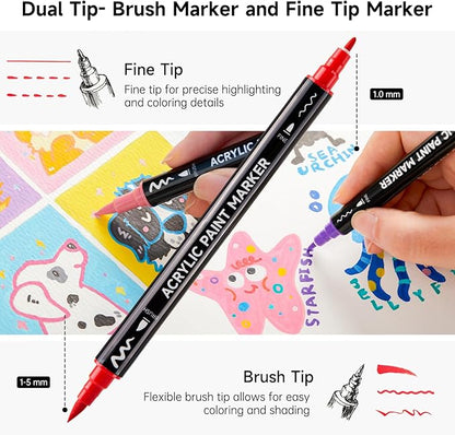 Shuttle Art 80 Colors Dual Tip Acrylic Paint Markers, Brush Tip and Fine Tip Acrylic Paint Pens for Rock Painting, Ceramic, Wood, Canvas, Plastic, Glass, Stone, Calligraphy, Card Making, DIY Crafts