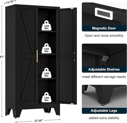 61" Tall Metal Storage Cabinet with 2 Doors and 3 Adjustable Shelves, 4-Tier Kitchen Pantry Storage Cabinet for Kitchen, Living Room, Dining Room and Office, Black