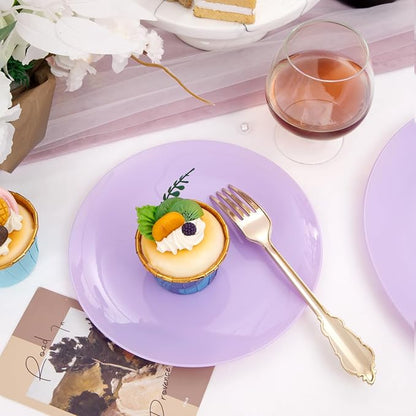 KIRE 60PCS Purple Plastic Plates Disposable - Heavy Duty Purple Plates Include 30Pcs 10.25” Dinner and 30Pcs 7.5” for Dessert/Salad - for Wedding/Bridal Shower