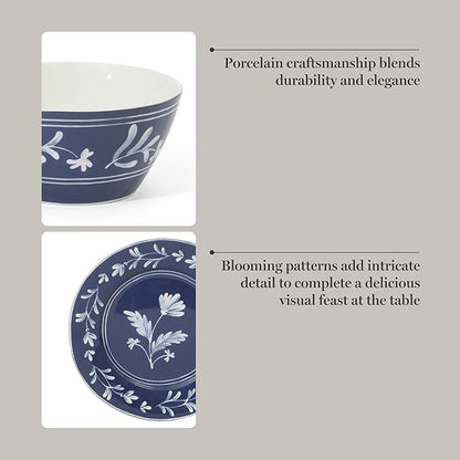 Martha Stewart Maiden Crown 12-Piece Sky Blue Dinnerware Set – Vegan Bone China Ceramic Plates & Bowls – Floral Design – Service for 4 – Microwave & Dishwasher Safe