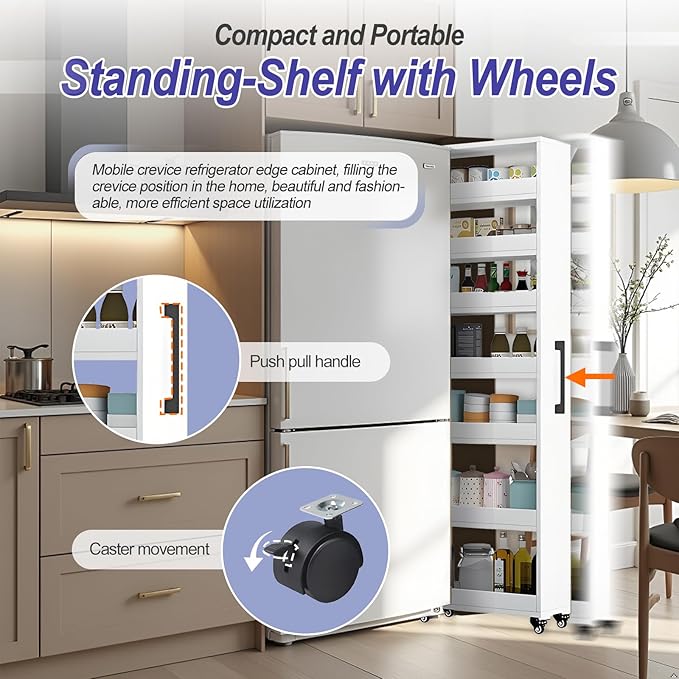 7-Tier Slim Storage Cart, Wooden Rolling Pantry Cabinet with Wheels, Narrow Shelf Organizer for Kitchen, Bakers Rack, Dining Room, Closet, Small Spaces Warm White 73.2''H*5.9''W*23.6''D