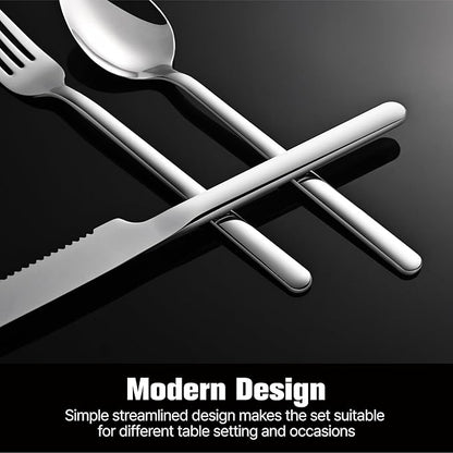 KINGSTONE 48-Piece Silverware Set with Steak Knives, Flatware Set for 8, Stainless Steel Tableware Cutlery Set for Home Restaurant, Mirror Finish,Modern Design