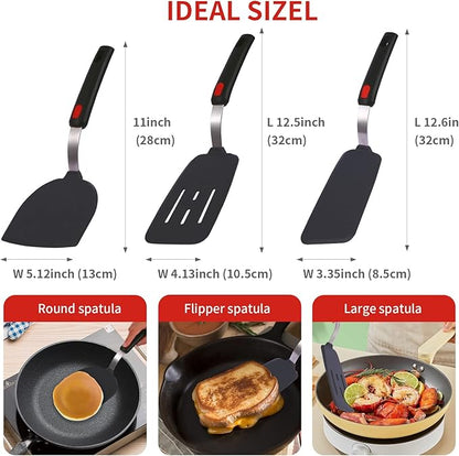 Kitchen Cooking Utensils Large Silicone Spatulas Turner Heat Resistant 3-Pack Set For Nonstick Cookware,BPA-Free Rubber Thin Slotted Flexible Flipper Spatula for Egg,Pancake,Fish,Cookie,Steak