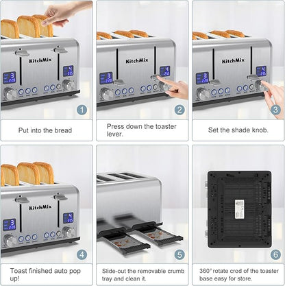 Toaster 4 Slice, KitchMix Bagel Stainless Toaster with LCD Timer, Extra Wide Slots, Dual Screen, Removal Crumb Tray (Stinless steel)