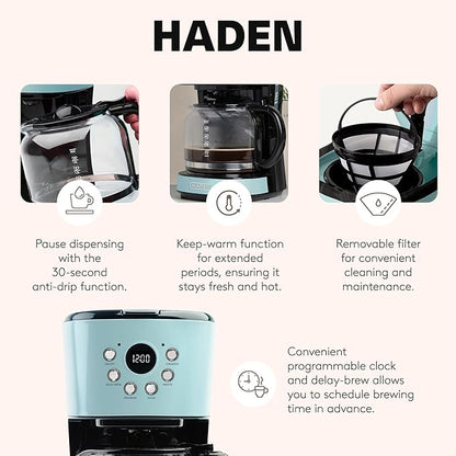 Haden Coffee Machine, 12 Cup Programmable Drip Coffee Maker with Auto Shut-Off Function and Reusable Washable Water Filter, Turquoise & Chrome