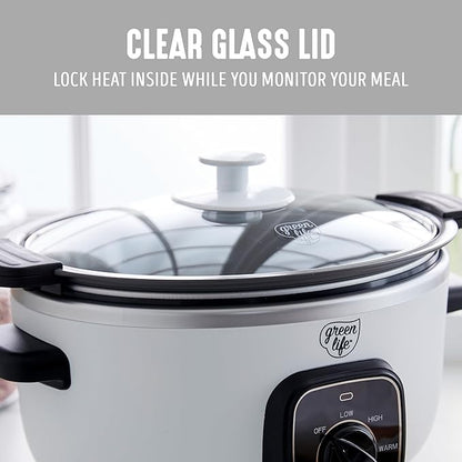 GreenLife 3.5QT Slow Cooker, Non-Toxic PFAS-Free Ceramic Nonstick Removable Interior Bowl, Programmable, Keep Warm, Stovetop & Oven Safe, Dishwasher Safe Parts, Glass Lid, White