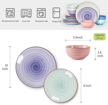 Selamica Ceramic Dinnerware Sets for 6, 18 Pieces Plates and Bowls Set, Scratch Resistant Dishes Set, Handpainted Swirl with Spot Dishwasher & Microwave Safe, Gradient Color