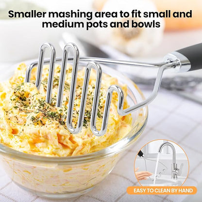 2Pcs Potato Masher, Premium Stainless Steel Mashed Potato Masher Kitchen Tool with Silicone Handle, Integrated & Wire Food Smasher Set for Mashing Potatoes, Veggies, Fruits, Avocado, Meat