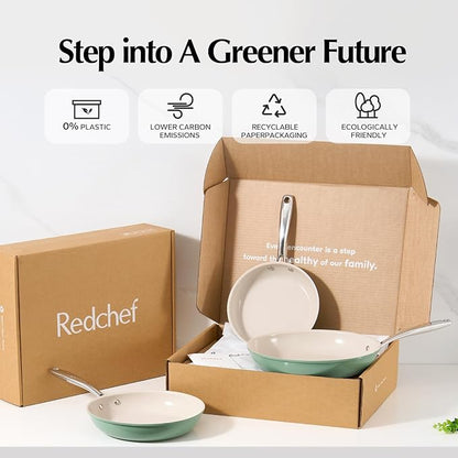 Redchef Nonstick Frying Pan Skillet, Ceramic Non-Stick Saute Pans, 11 inch Cooking Fry Pan with Stay Cool Handle, All Stovetops (Gas, Electric & Induction), Dishwasher/Oven Safe, PFAS-Free (Green)
