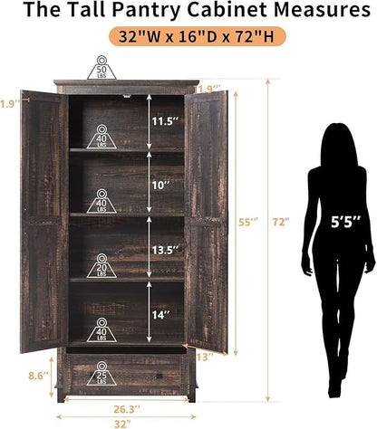 AMERLIFE 72" Tall Kitchen Pantry Storage Cabinet, Adjustable Shelves and Drawer, Farmhouse Food Pantry Cabinet for Kitchen, Living Room, Dining Room, Antique Oak