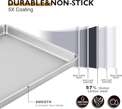 HONGBAKE Half Baking Sheet Pan Set of 2, Nonstick Cookie Sheet for Oven, Heavy Duty 1/2 Commercial Cookie Trays, Dishwasher Safe - Silver