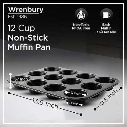 Wrenbury Non Stick Muffin Pan for Baking 12 Cup - Non Toxic Deep Cupcake and Yorkshire Pudding Tin - Even Bakes, Easy Clean, Warp Resistant - 3" Cup