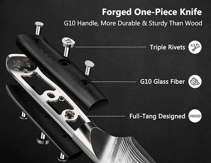 SHAN ZU Steak Knife of 7, 4.5 Inch Damascus Steak Knife Set with Block, Japanese High Carbon Steel Kitchen Serrated Knives Set with Ergonomic G10 Handle and Gift Box