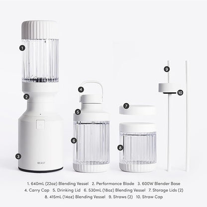 The Beast Mini Blender Plus | Mini Countertop Kitchen Blender | Blend Smoothies and Shakes, Dressings, Sauces, Dips | Extra Vessels, Straw Cap and Straws Included | 600W (Cloud White)