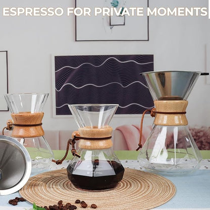 Pour Over Coffee Maker 400ml with 304 Stainless Steel Filter and Wooden Collar Holder Borosilicate Glass Drip Coffeemaker Server Set Clear Hand Brew Dripper Carafe for Home Camping Travel 13.5oz
