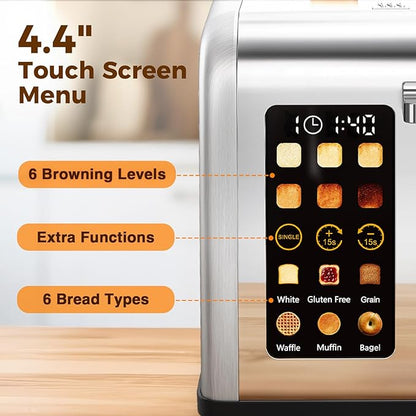 2 Slice Touch Screen Toaster, Stainless Steel Toaster with Wide Slots for Bagels and Bread, Reheat/Defrost/Cancel Functions, Removable Crumb Tray, Silver