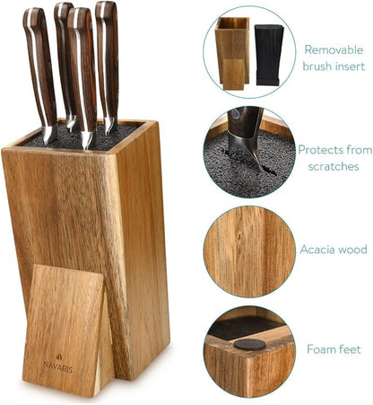 Navaris Universal Knife Block Holder - Acacia Wood Stand with Bristles to Fit Different Sizes of Knives - Angled Design, 9.8" x 5.9" x 4.1’"