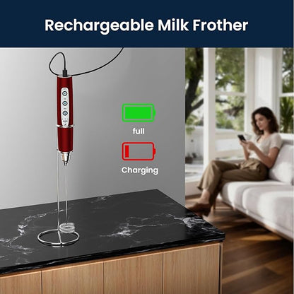 Milk Frother with Stand Rechargeable-Handheld Frother Wand with 3 Stainless Whisks 3 Speed Adjustable, Electric Whisk Drink Mixer, Foam Maker Blender for Matcha Latte Cappuccino Chocolate