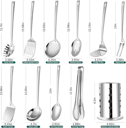 Lazycorner Kitchen Utensils Set, 11pcs Stainless Steel Cooking Utensils Set with Holder, Metal Kitchen Set for Cooking with Turners, Potato Masher, Spatula, Spoons, Pasta, Tongs