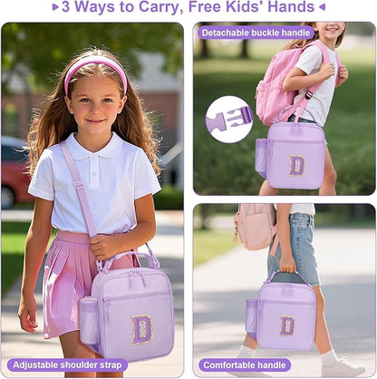 Initial Insulated Lunch Bag for Girls Kids, Back to School Gift, Reusable Leak-proof Lunch Box with Adjustable Strap for School Daycare Travel Picnic (Purple,D)