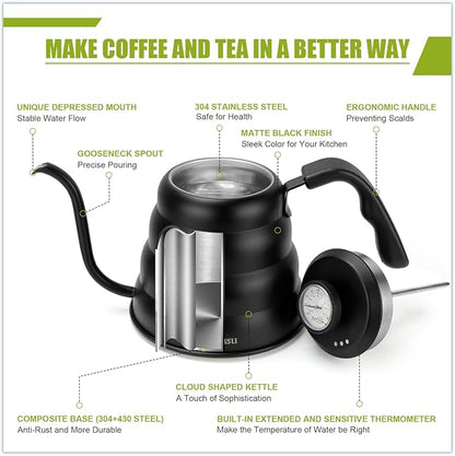 Pour Over Kettle for Manual Drip Coffee and Tea with Thermometer 28oz Gooseneck Kettle with Flow Control Stainless Steel Water Kettle for Stovetop,800ml,4 Cup,Black,1Pack