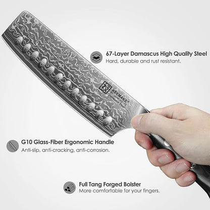 KEEMAKE Nakiri Knife 7in Ultra Sharp Meat Cleaver and Vegetable Chopper, Damascus Kitchen Knives with Full Tang G10 Ergonomic Handle, Japanese Knife for Kitchen