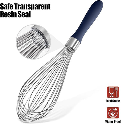 18/8 Stainless Steel Balloon Whisk, Doosu Kitchen Whisk for Cooking Handheld Egg Beater with Rust-Proof Sturdy Wires & Non-Slip Silicone Handle for Beating, Stirring, Blending (12 Wires, Navy Blue)